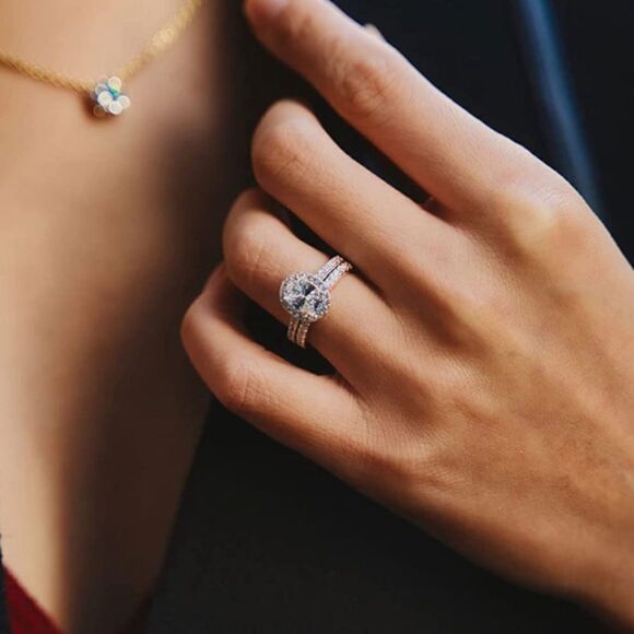 18K Rose Gold .925 Sterling Silver and Diamond Cubic Zirconia Wedding Band Set - Picture 5 of 7